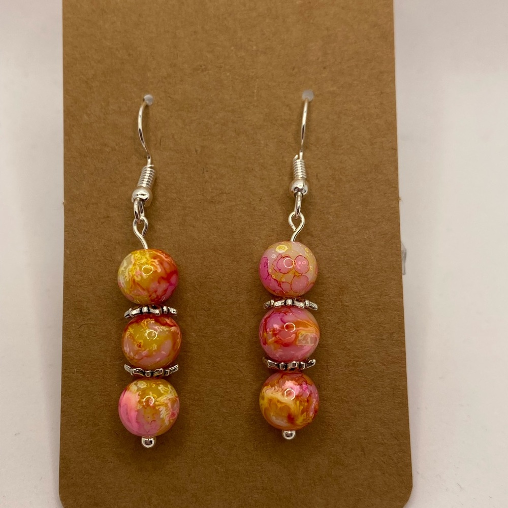 Silver with Pink and Orange Beaded Earring Pair | Earrings